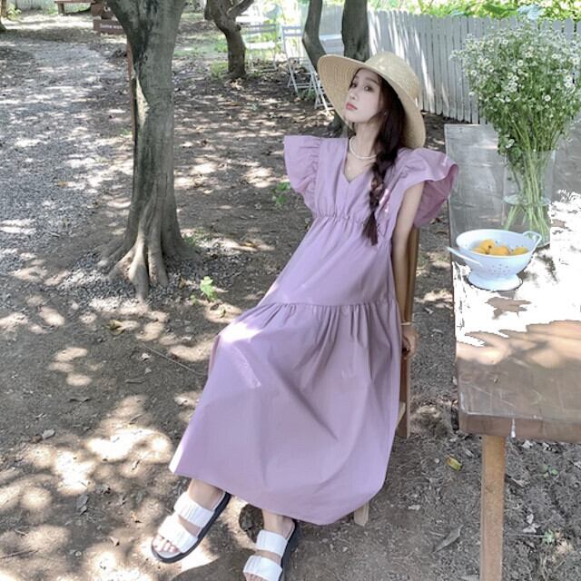 ワンピース レディース ロングワンピ ロング丈 フライングスリーブ