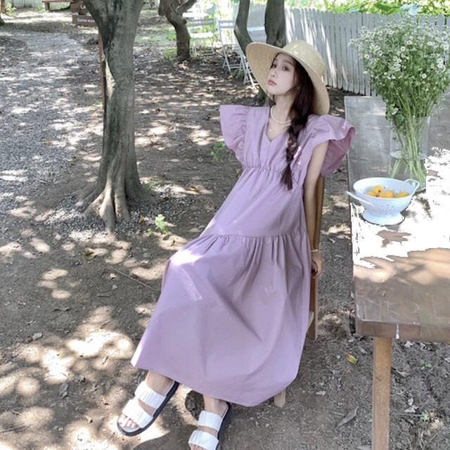 ワンピース レディース ロングワンピ ロング丈 フライングスリーブ 