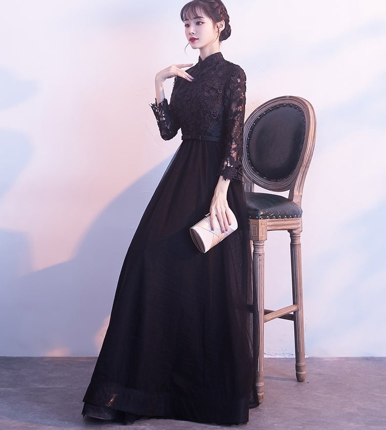 ロングドレス 黒 パーティードレス スタンドカラー ハイネック ロング  