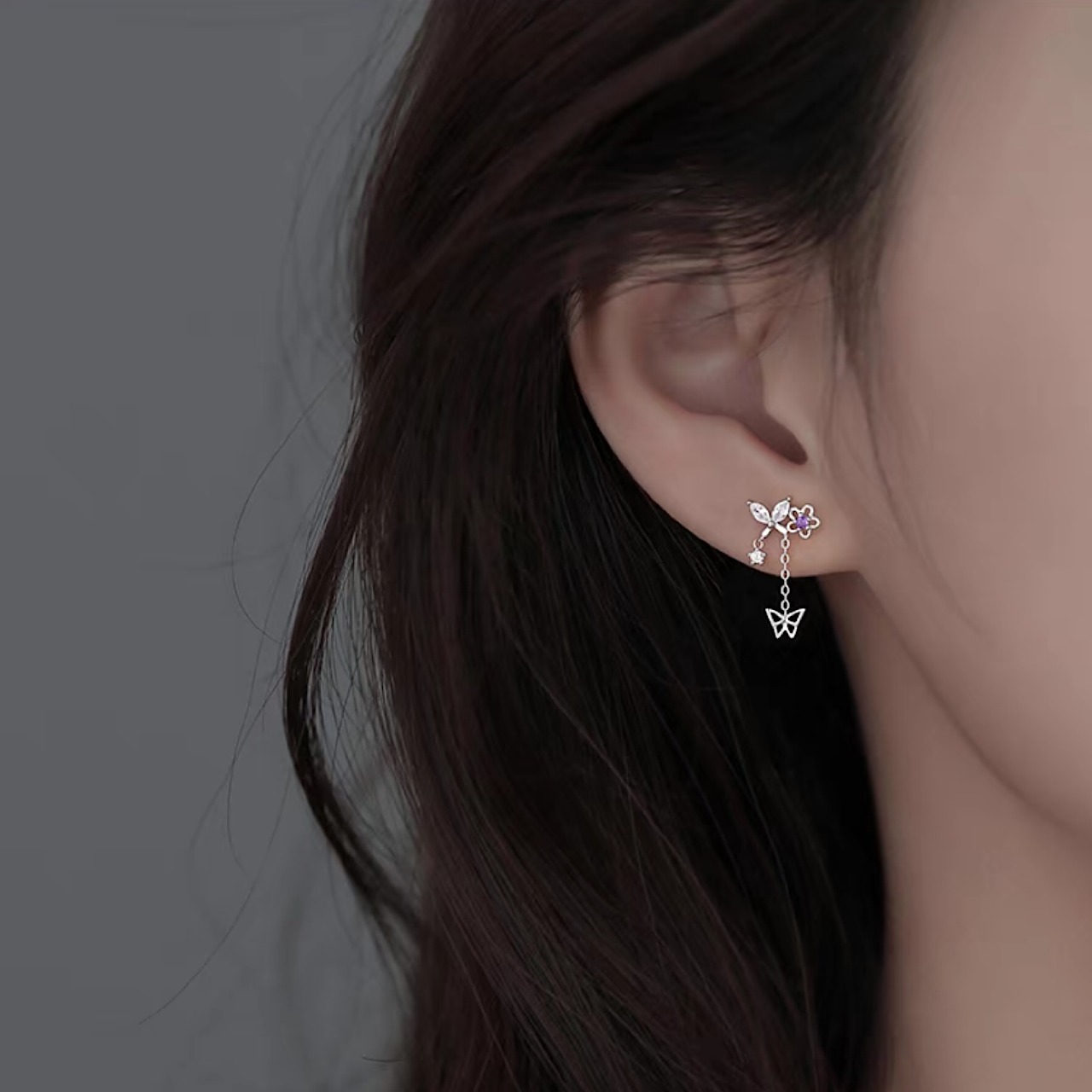かわいい 蝶々 パープル フラワー シルバー イヤリング