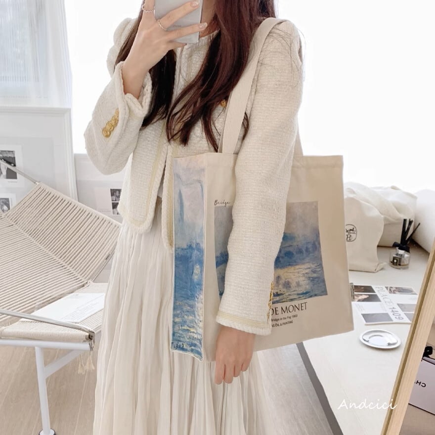 SEASONZ ファッション 油絵風 トートバッグ ANDCICI 帆布 モネ《ウォータールー橋》