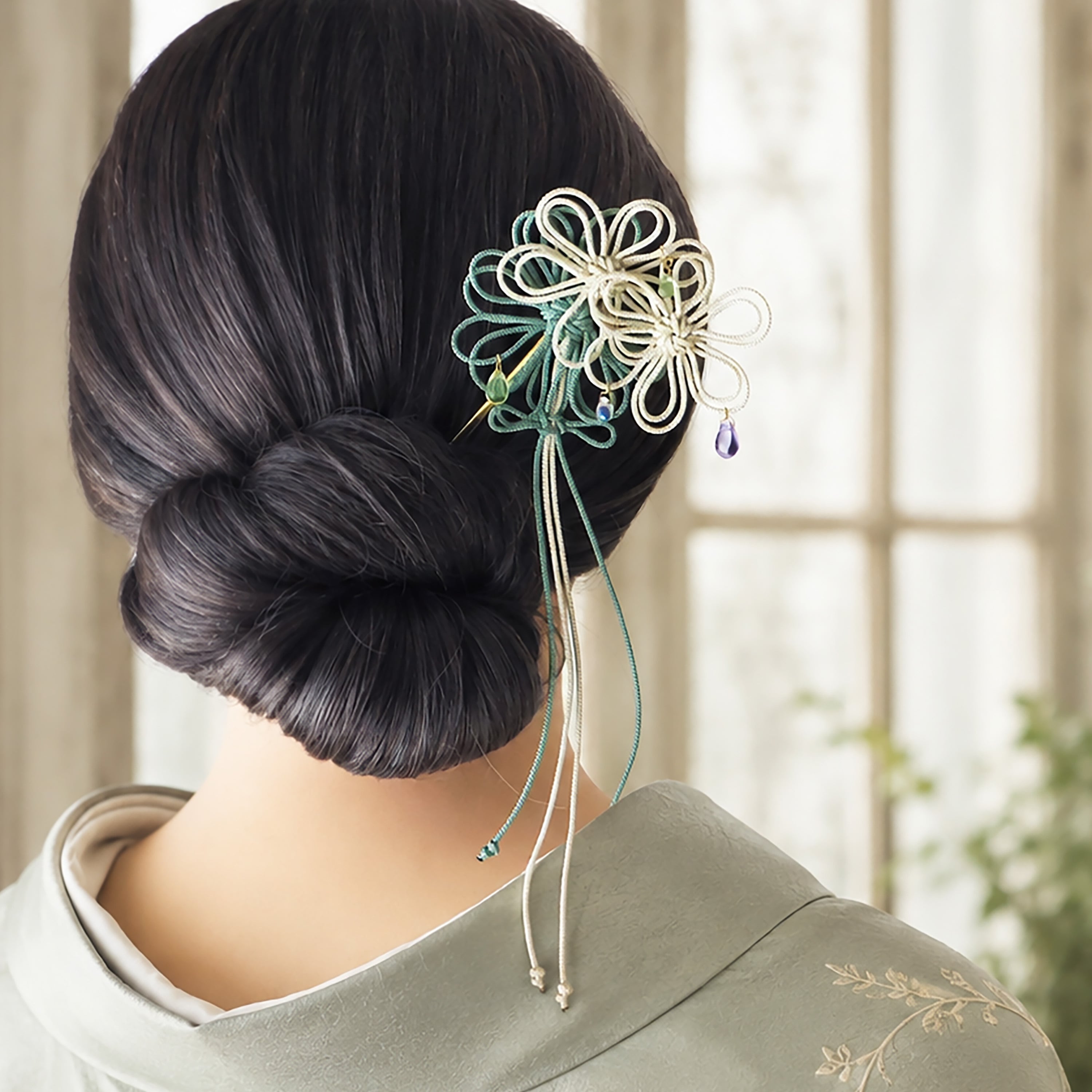 飾り結びかんざし「華うつし」(アイボリー×淡緑)【軽量】浴衣・着物・フォーマルの和装ヘアに。