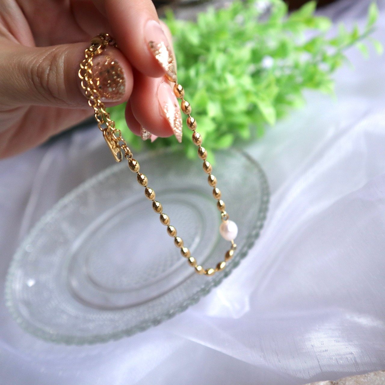 64B　ステンレス淡水パールブレスレット