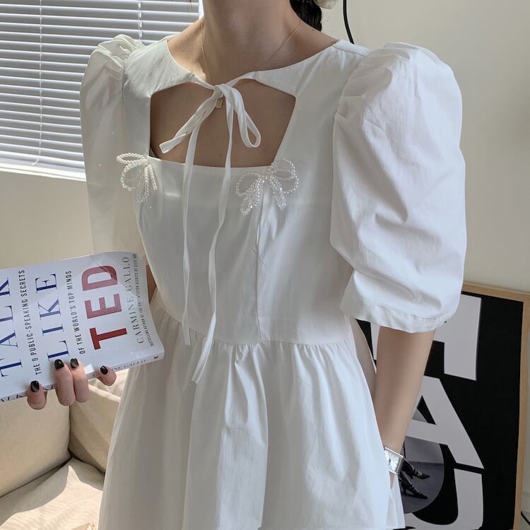 ドレス レディースサマーウェストスリーブブラック半袖スカート ショート レース ハーフスリーブ 夏物 レースアップ ビッグFスモールZ韓国12446700424