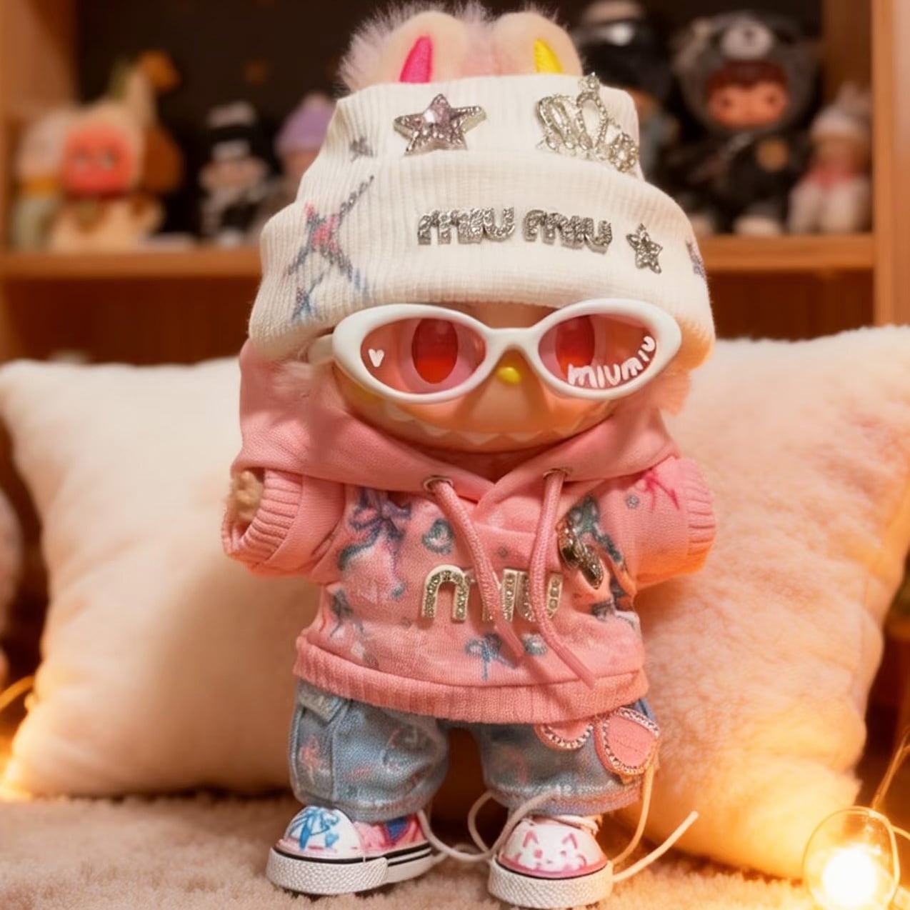 【少量製作】可愛くてカッコいい おしゃれ 高品質 フルコーデ!ラブブ Labubu 17cm用 甘辛セットアップ ピンクセーター×デニムパンツ