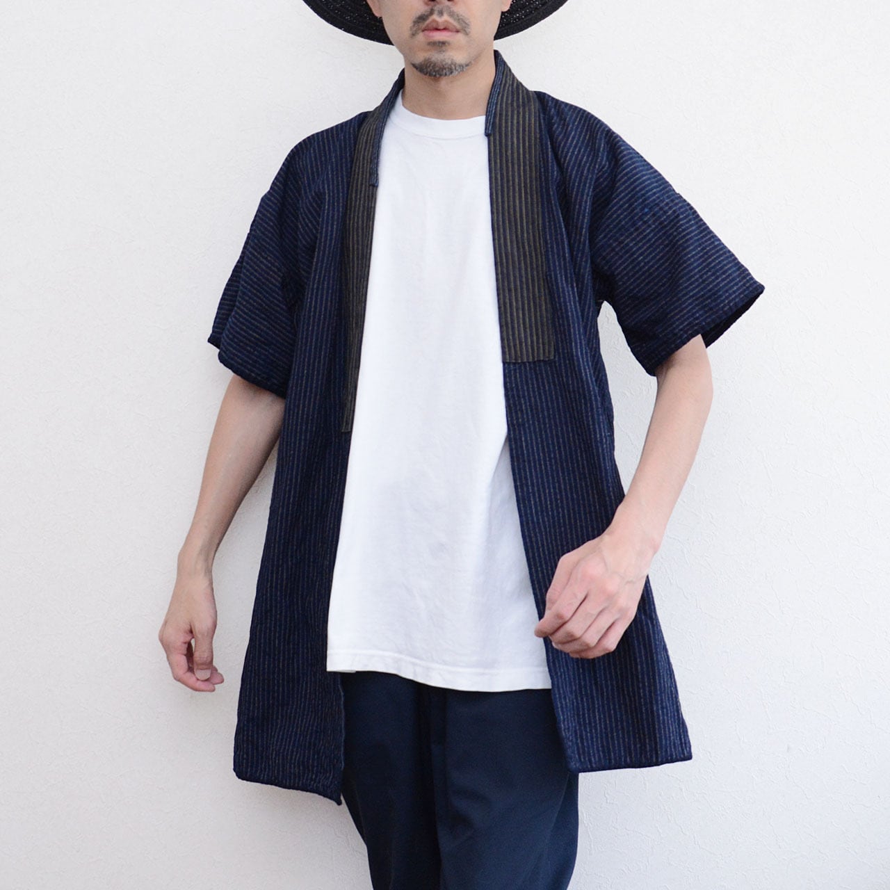 刺し子 野良着｜藍染 濃紺 半袖｜縞×藍無地 両面｜木綿｜大正〜昭和