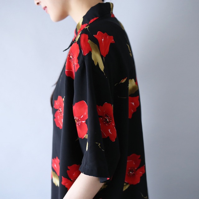 "花柄" black base red flower mode h/s shirt