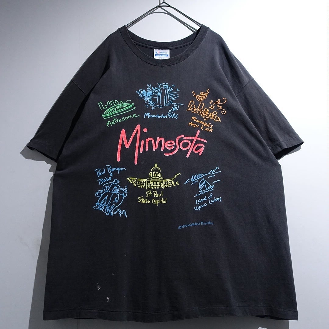90s "Hanes" Fade Black Minnesota Aritstic Print T-shirt