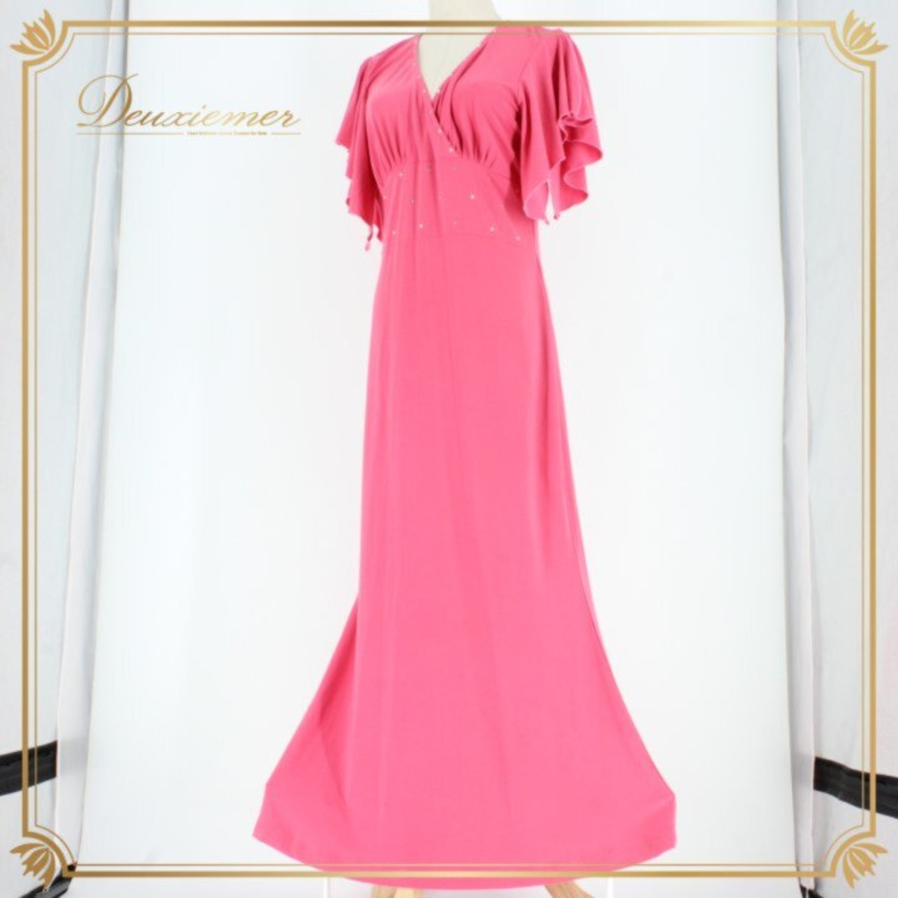 社交ダンス 衣装 スタンダード ドレス ワンピース レッスンウェア パーティドレス レディース ピンク系 Vネック ラインストーン ステージ衣装 カラオケ 社交ダンスドレス ピンク ワンピースドレス ロング丈 マキシ丈 Vネックドレス ラインストーン装飾 きらきら ストーン付き フリル袖 五分袖風 フレア袖 エレガント 大人可愛い 華やか ステージ衣装 舞台衣装 発表会 デモ チャチャ レッスン用 ダンス用品 ダンス発表会 カラオケ衣装 ティアドロップ スパンコール風 デザイン ポリエステル素材