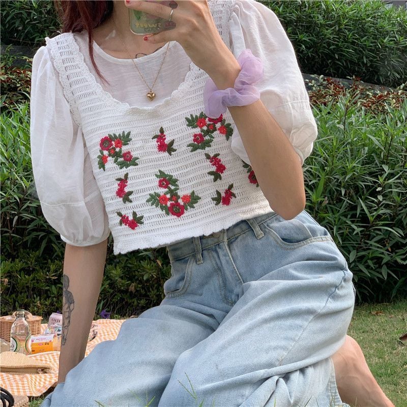 送料無料 レトロな可愛さ 花刺繍 コットン ニットビスチェ キャミソール ノースリーブ トップス レイヤードコーデに Lamitte Deco トレンド 韓国ファッション ショップ Base店