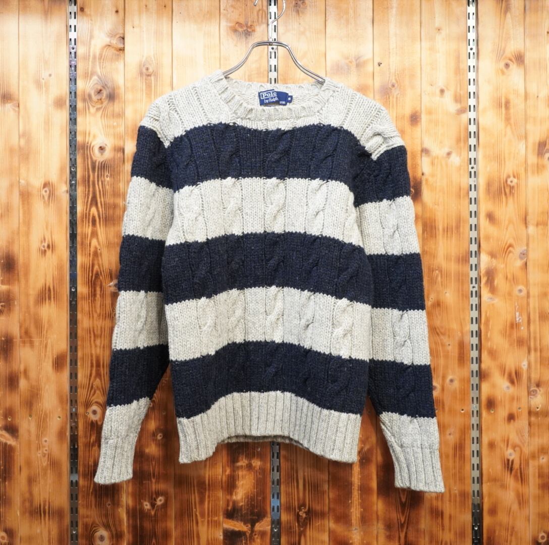 90s ralphlauren ケーブル ボーダー ウール ニット S/ラルフローレン