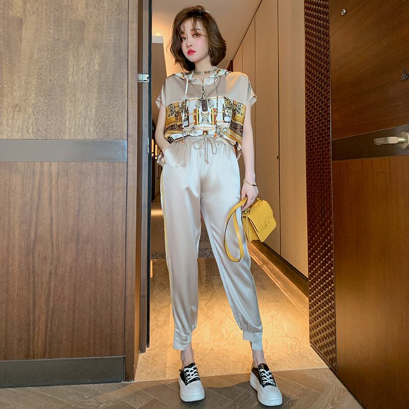 フードプリントジッパー半袖スリーブトップス ストレッチウェストパンツ セット サマー ショート ハーフスリーブ エラスティック 伸縮 夏物 MIUCO81651957384