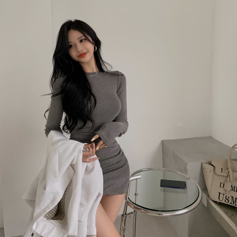 ドレス グレーショートスカート スプリングスリムウェスト ロング 春物 ブラックストロベリース84109620084