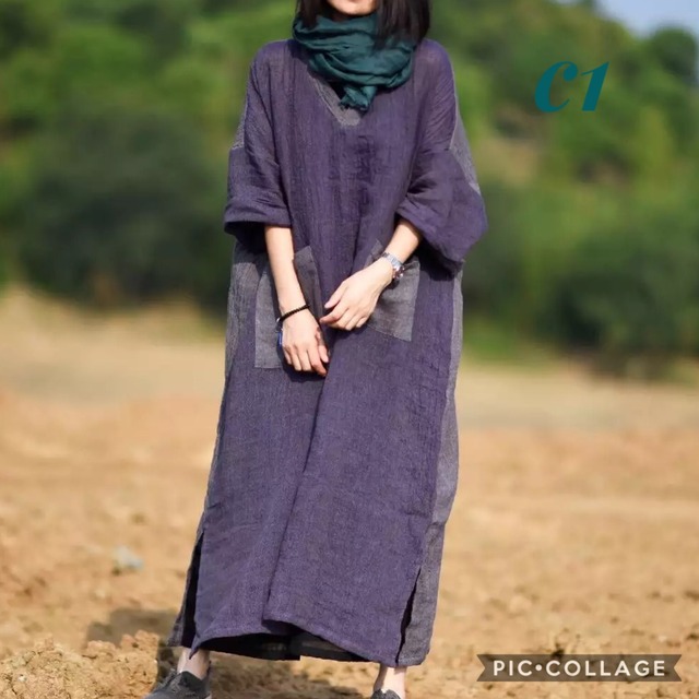 C1 新品 送料無料 レディース 春夏 リネン 麻 ロング マキシ丈 ワンピース ゆったり ｖネック リネン ワンピース ナチュラル 大きめ パープル 紫色 Hihaho Company リネン コットン素材のゆったりとしたレディースウェアのお店