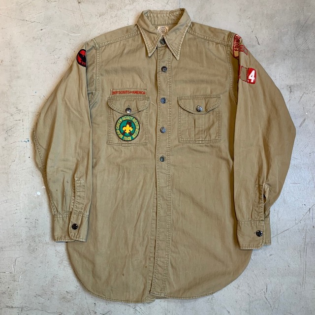 40's BOYSCOUT OF AMERICA ボーイスカウトシャツ BSA チェンジボタン ベージュ マチ付き 台襟 ワッペン S~Mサイズ 希少 ヴィンテージ BA‐1268 RM1637H