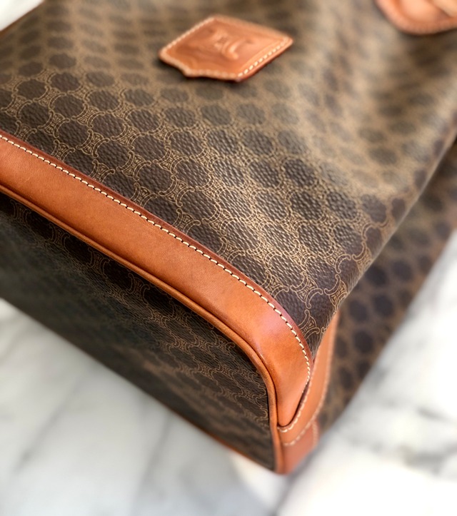 CELINE セリーヌ　マカダム　ブラゾン型押し　巾着　ミニバッグ　ショルダーバッグ　ブラウン　vintage　ヴィンテージ　オールドセリーヌ　s43ypk