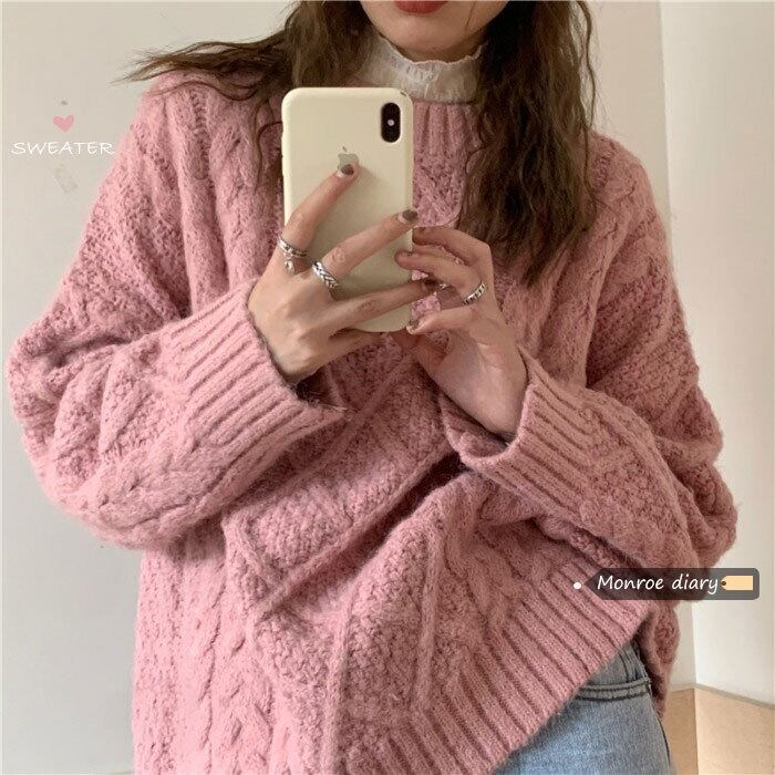 セーター レディースルーズスタンダードスタイルオータムウィンターニットトップス ピンク レトロ 秋物 冬物 モンロー74290551605