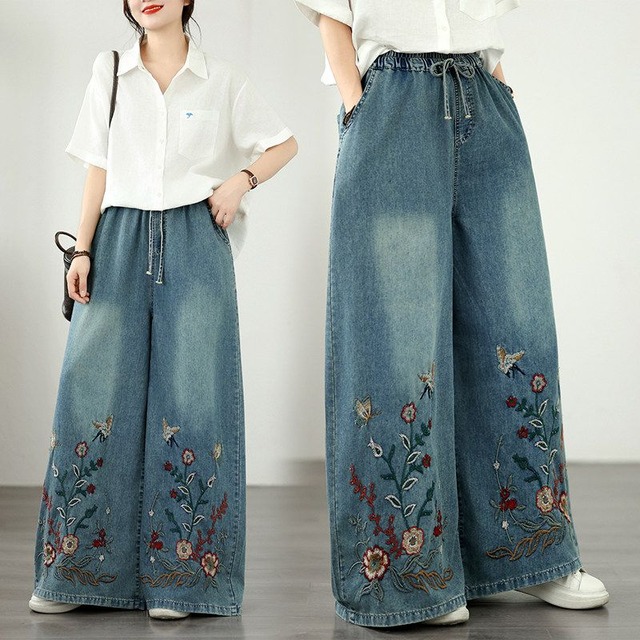 EMBROIDERED DRAWSTRING WIDE LEG DENIM PANTS M-17643