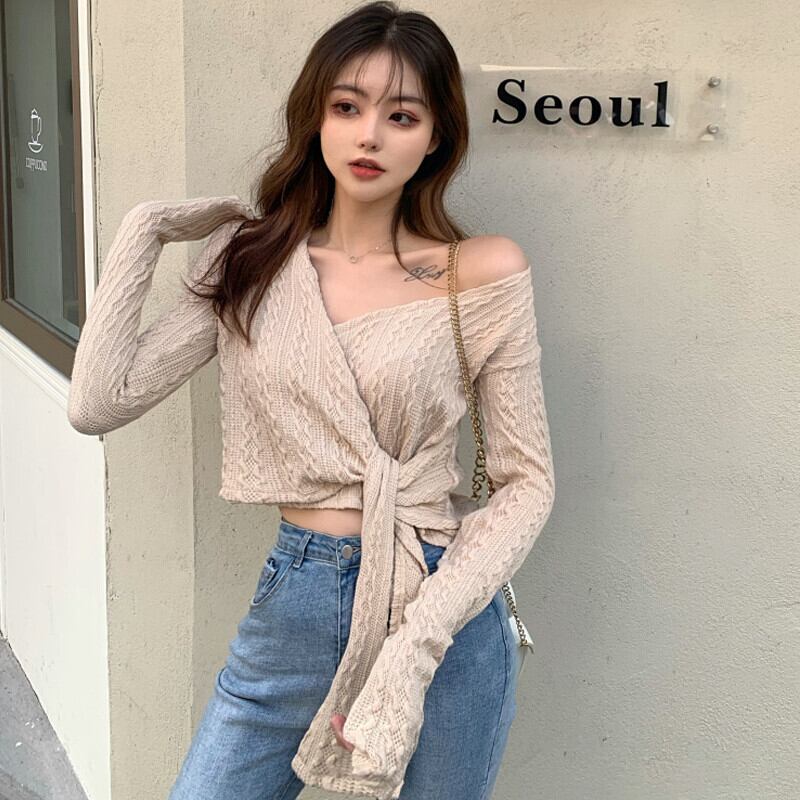 クロスVネックショートブラウス オータムセーター ロング 秋物 ガールズファッション63204629526