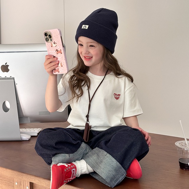 【KID】英字刺繍カジュアルクルーネック半袖Tシャツ - 3