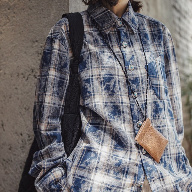 Flower Button Blue Plaid Shirt / フラワー ボタン ブルー チェック シャツ