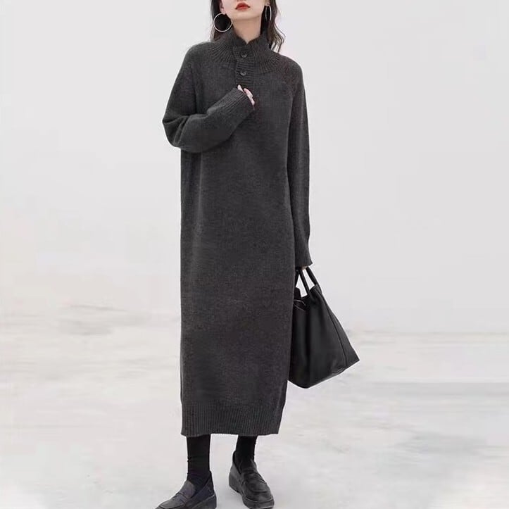 High neck button long knit dress S215