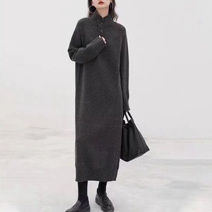High neck button long knit dress S215