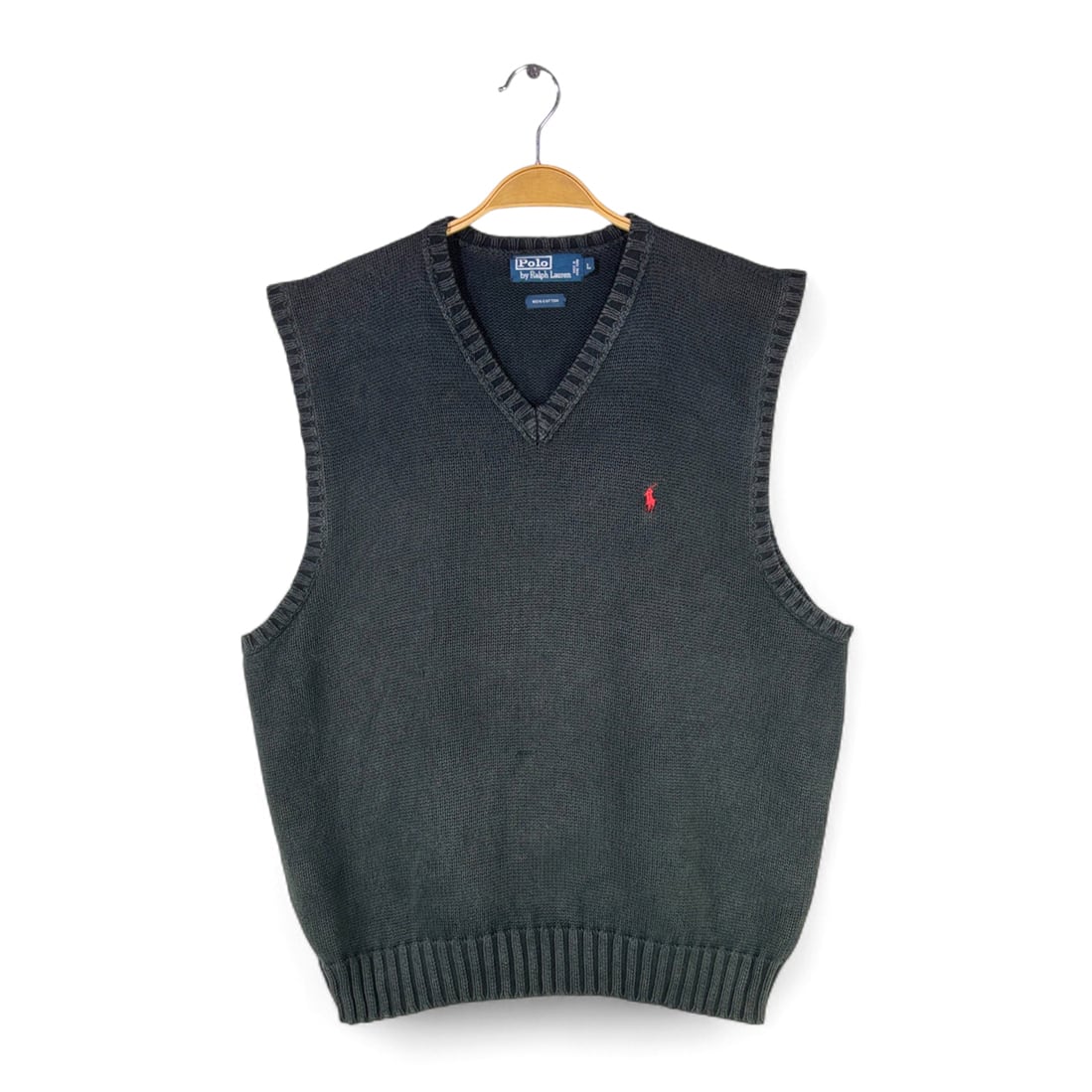 90s ラルフローレン コットンニット Vネックベスト ブラック ワンポイントロゴ ポイント刺繍 RALPH LAUREN サイズL 古着 @CJ0112