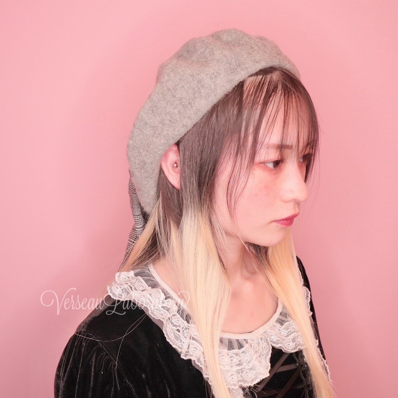 ♥本日限定価格✨新品✨ラルフ・ローレン　ベレー帽　グレー    帽子 H43 【セール】 ベレー帽 グレー 大きなおりぼん グレンチェック