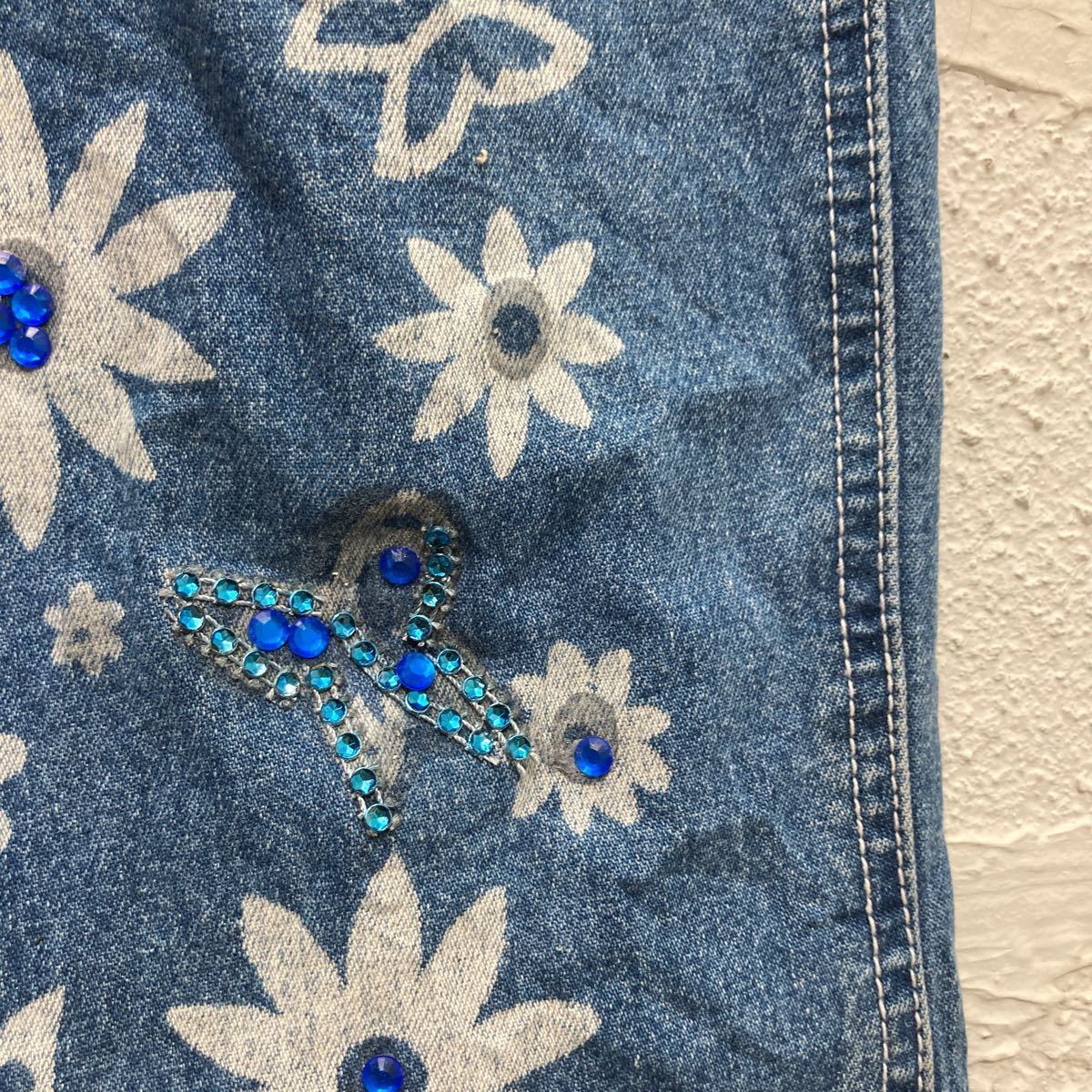 REVOLT デニム オーバーオール レディース L ブルー プリント ビジュー