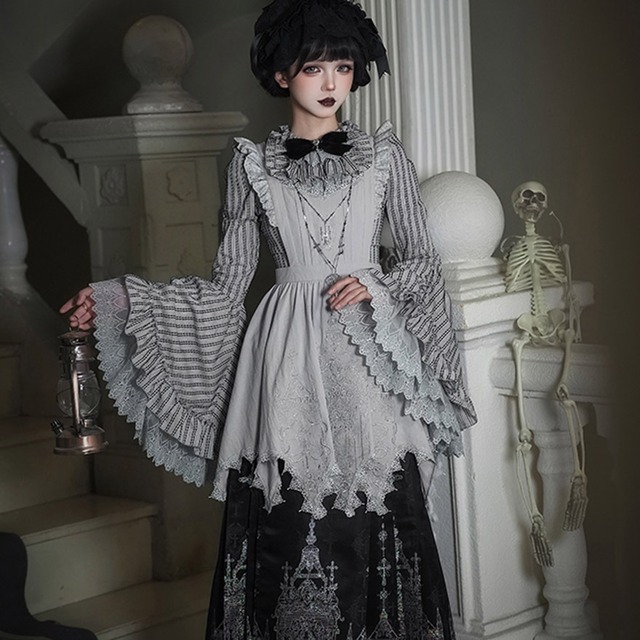 ゴスロリ 6点 セット ストライプ 姫袖 ブラウス ロング JSK フリル袖 黒白 ロリィタ 地雷系 PUJI