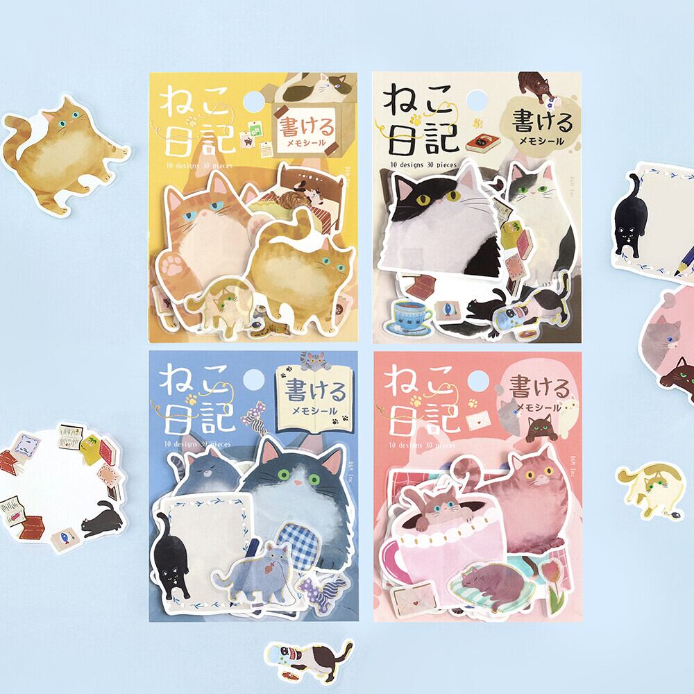 BGM】新作メモシール「ねこ日記」全4種類 フレークシール10designsx3