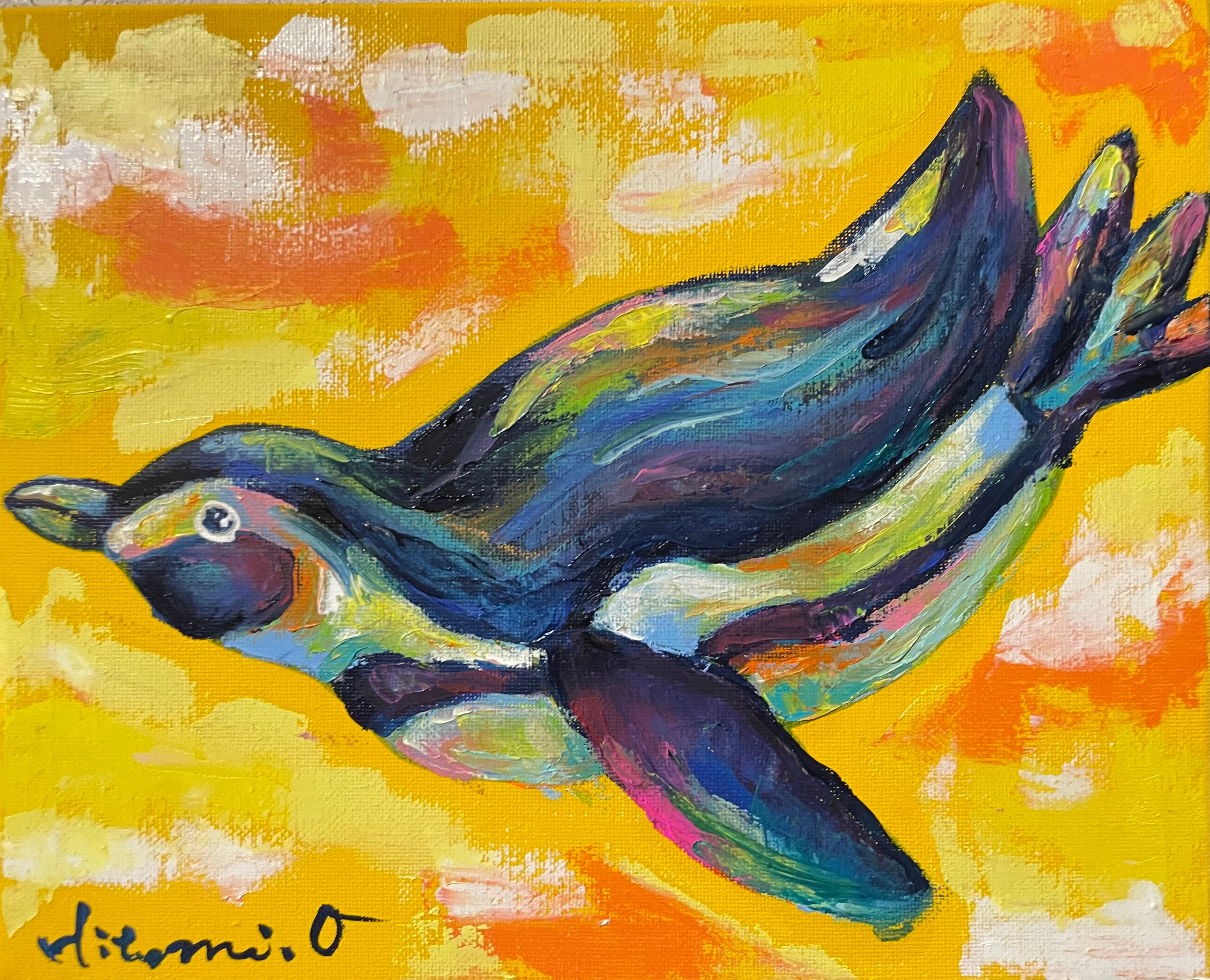 Y-4/26】真作 原画 絵画 動物画 ペンギン カラフル キャンバス 真作