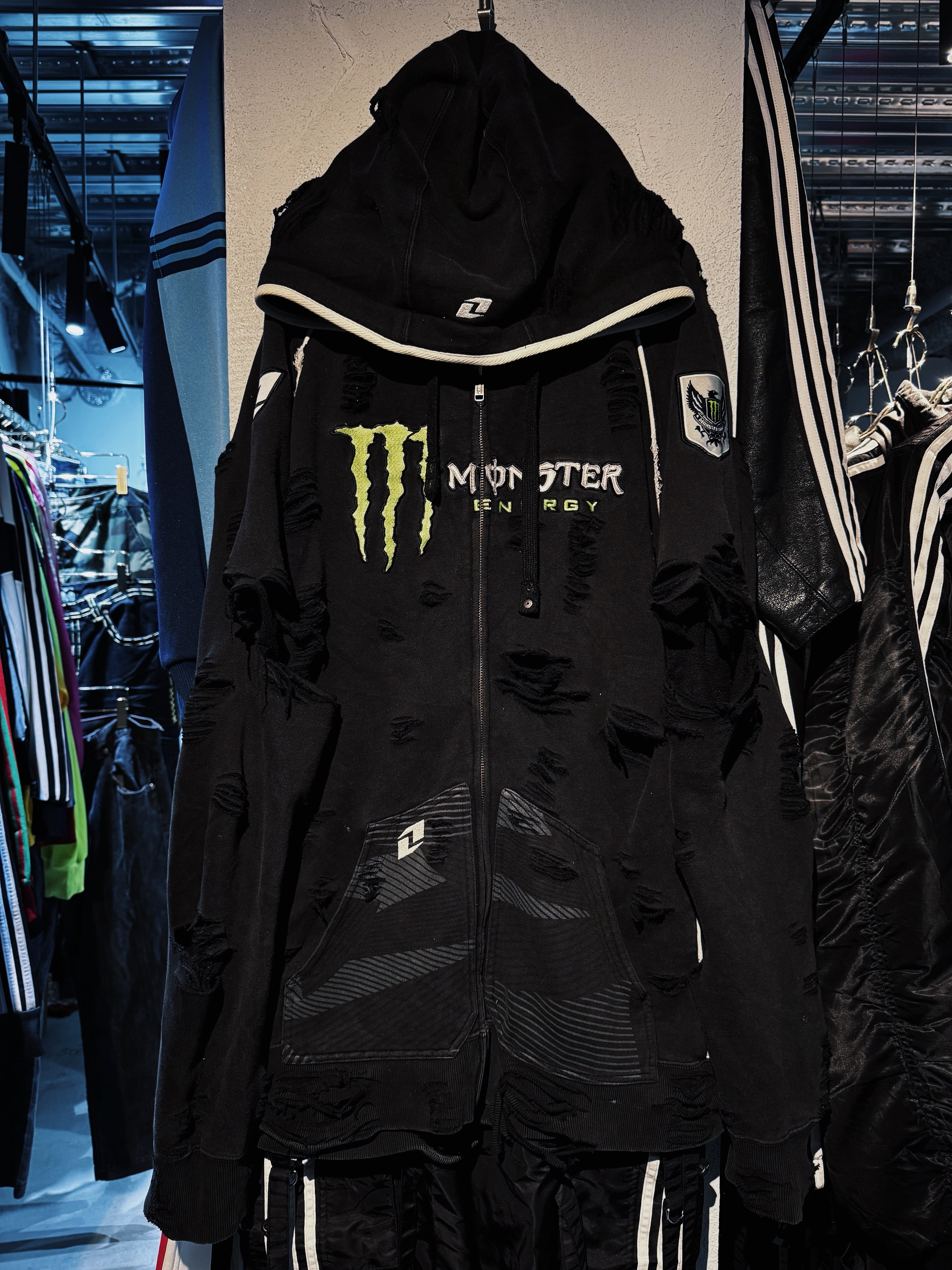 "MONSTER ENERGY"embroidery design boro custom zip-up hoodie