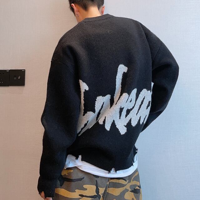 【予約販売】ニット セーター オーバーサイズ ダメージ加工 バックデザイン メンズ ブラック ピンク オーバーサイズ こなれ感 ストリート お洒落 韓国 トレンド 秋冬 M/L/XL/2XL