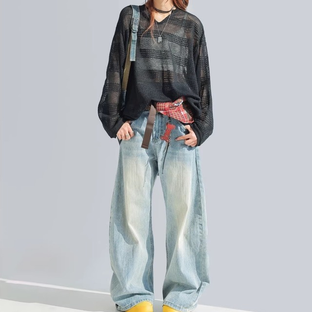 ボーダーメッシュルーズフィットキーネックニット 4col   R01859