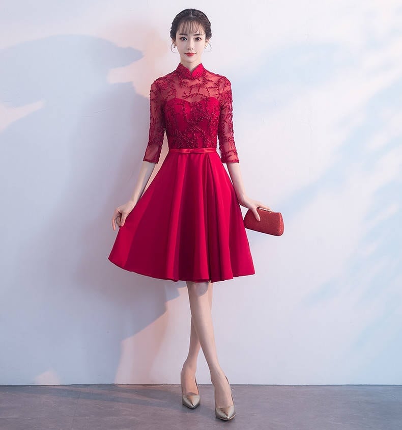 結婚式ドレス レース ワイン赤 ゲストドレス ノースリーブ 5分袖 2