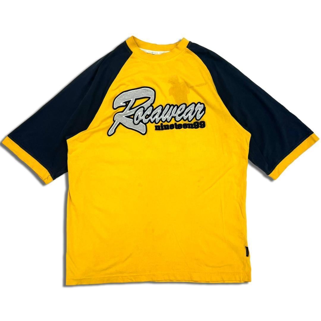 90s ロカウェア 半袖 ベースボールＴシャツ L イエロー×ネイビー Rocawear ストリート HIPHOP B系 BBOY ラグランＴシャツ  Y2K ゲームシャツ