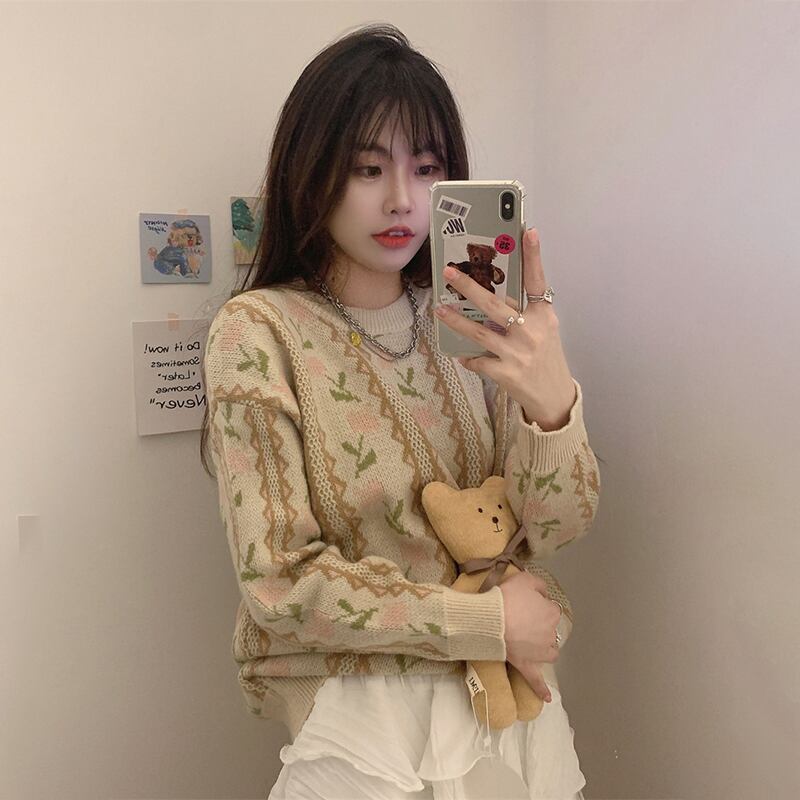 セーター オータムウィンタースタンダードスタイルFlowerデザイン プルオーバー トップス レトロ 秋物 冬物 フラワーデザイン 1号婦人43112550158