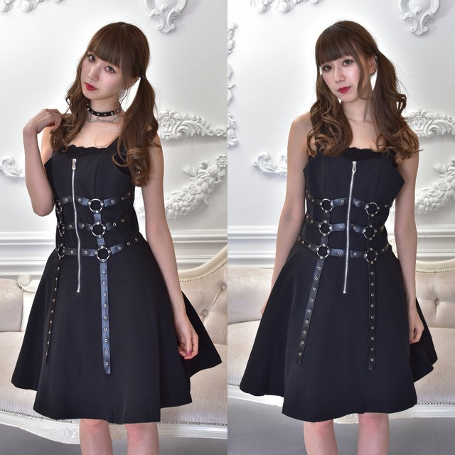 ワンピース レディース 黒 ブラック ゴスロリ V系 ファッション ボディハーネス ミニ 病みかわ ロック 原宿系 ゴスロリ風 Lady Oliver