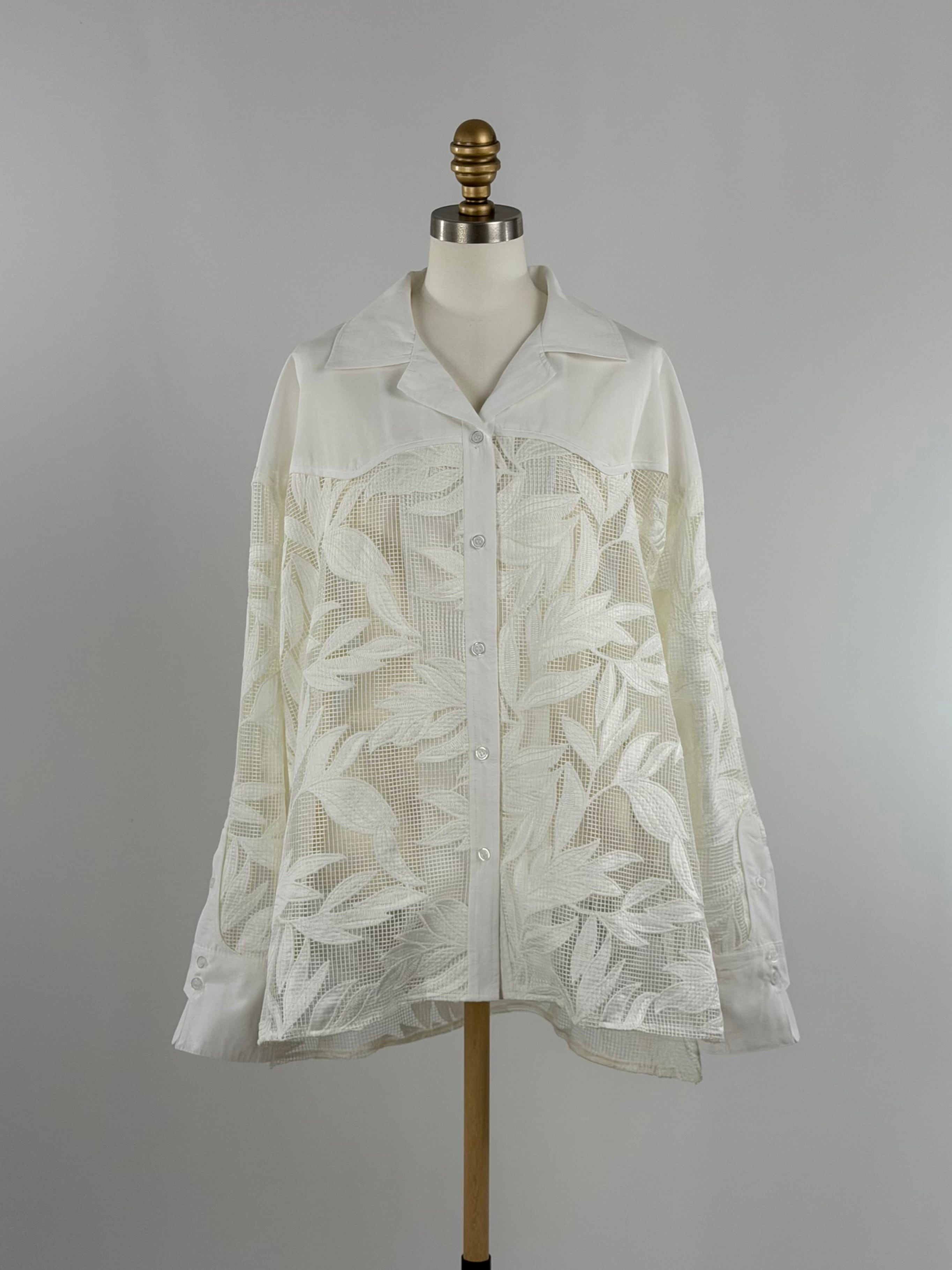 リーフ柄レースオープンカラーシャツ|ホワイト|Maglia Plus