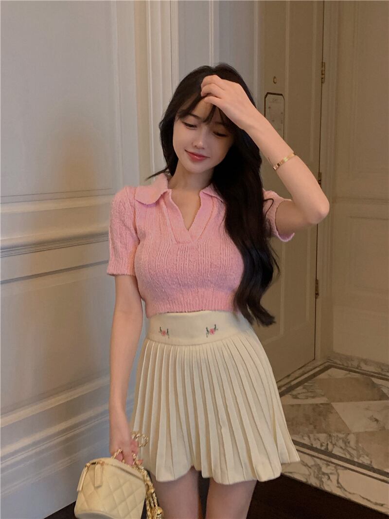 ニットプリーツスカート サマーAラインショートハイウェストウェスト薄手ホワイト 大人ガーリー スウィート キュート カジュアル 夏物 ブラックストロベリース29574068319