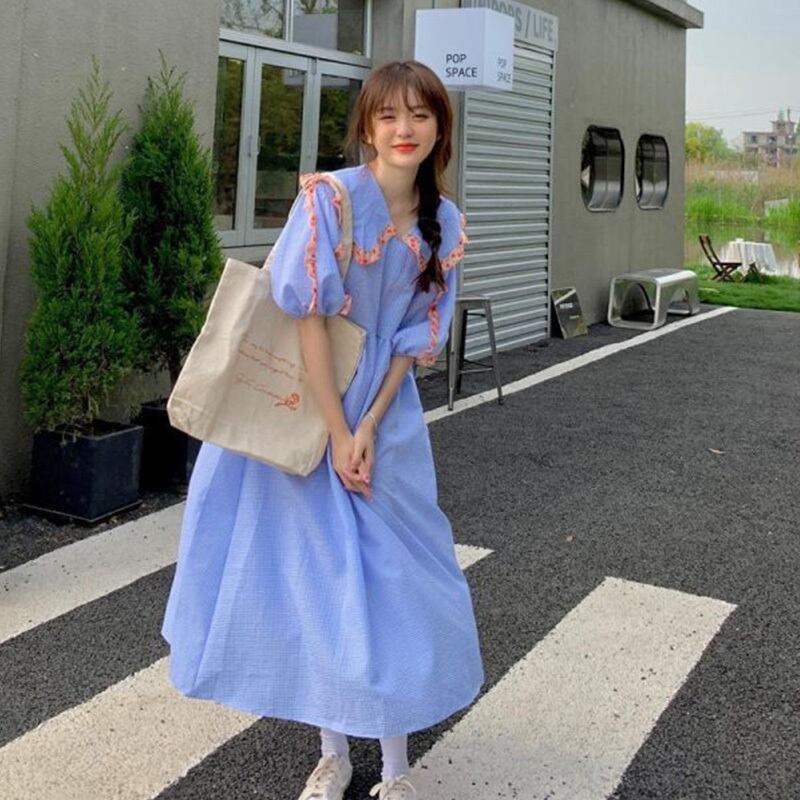 Flowerデザイン カラー格子柄ドレス サマースリーブスカート 大人ガーリー スウィート キュート カジュアル 夏物 フラワーデザイン 萌量不足94547301750