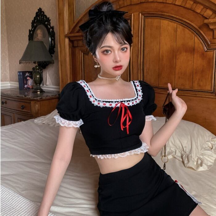 サマースタイルレースショートトップス ハイウェストウェストスカート レディース 夏物 ステッチ ドラファッションホール58201698117