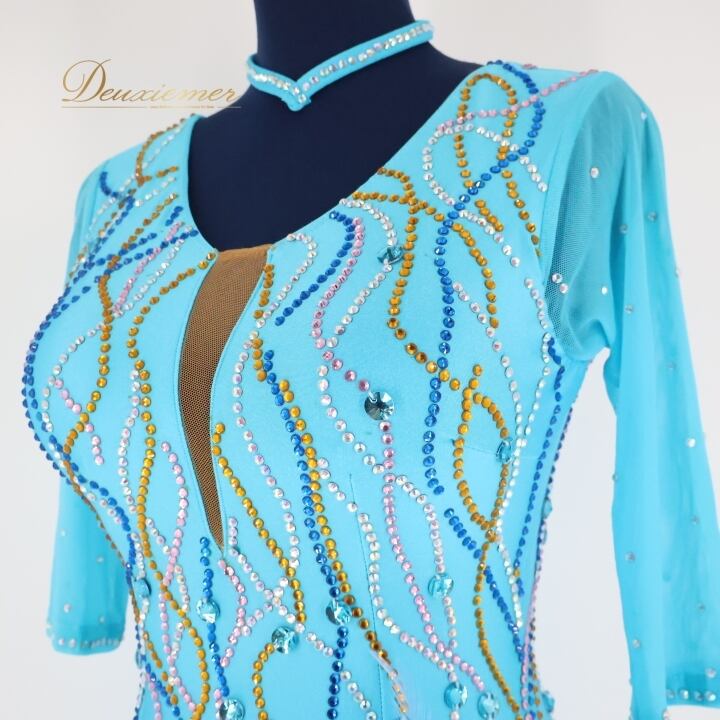 社交ダンス 衣装 ラテン ドレス ワンピース 水色 レース フリル 青