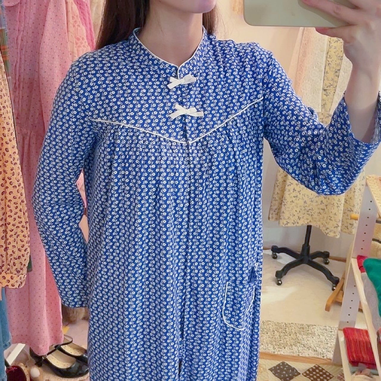 blue white flower neglige one-piece