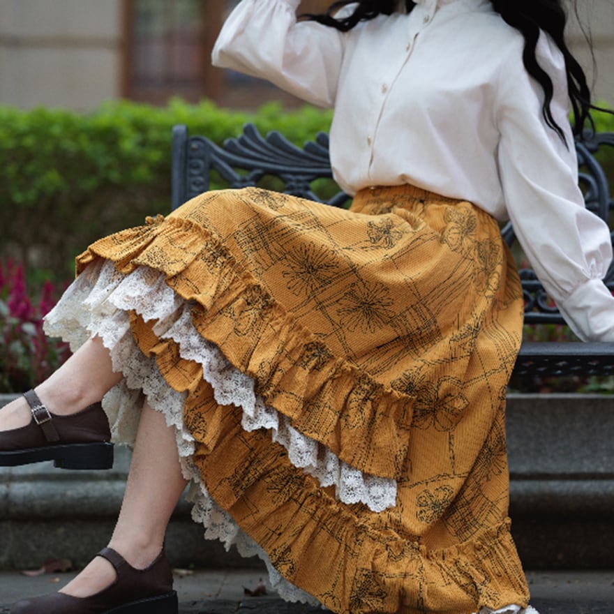 セミロリ コーデュロイ ミドル丈 スカート 森ガール風 フリル レイヤード レトロロリィタ