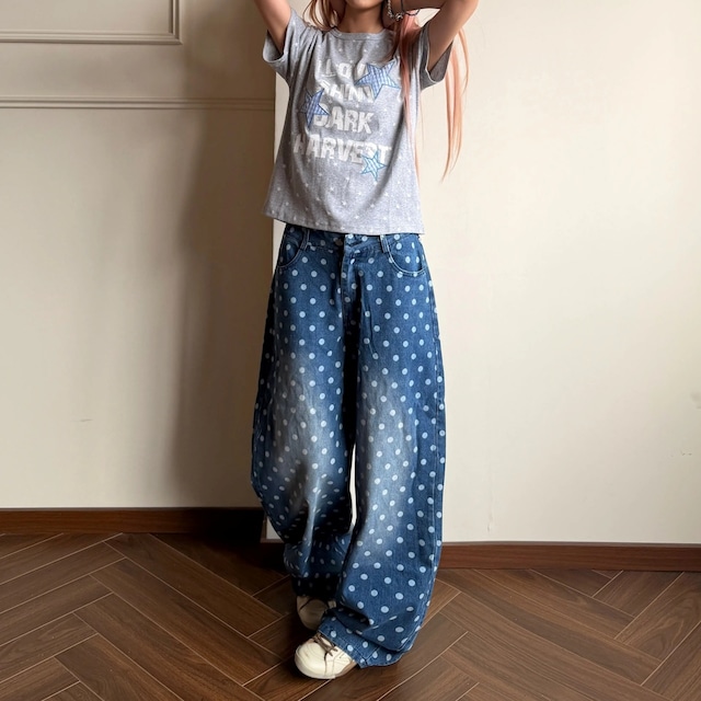 ヴィンテージライクドットパターンデニムパンツ 1col R02527