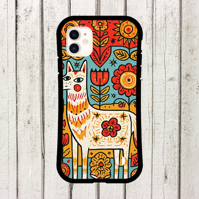 受注生産 iPhoneケース 家と花のカラフル民芸柄｜建物モチーフ PSYF067C