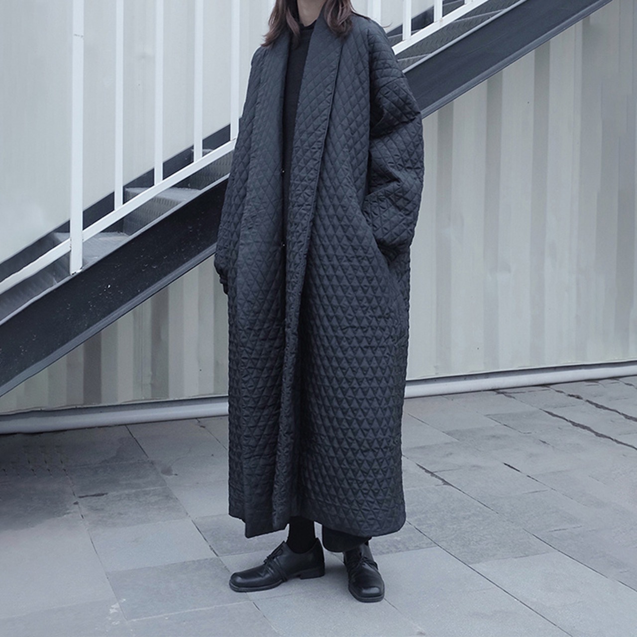 Back Button Cotton-padded Long Coat / バック ボタン コットンパッド ロング コート
